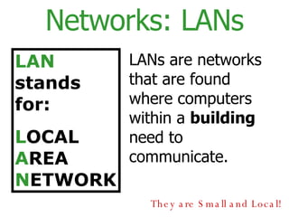 Networks: LANs LAN  stands for:  L OCAL  A REA  N ETWORK LANs are networks that are found where computers within a  building  need to communicate. They are Small and Local! 