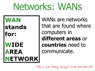 Networks: WANs WAN  stands for:  W IDE  A REA  N ETWORK WANs are networks that are found where computers in  different areas  or  countries  need to communicate. They are long range and not local! 