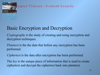 Basic Encryption and Decryption Cryptography  is the study of creating and using encryption and decryption techniques. Plaintext  is the the data that before any encryption has been performed. Ciphertext  is the data after encryption has been performed. The  key  is the unique piece of information that is used to create ciphertext and decrypt the ciphertext back into plaintext. Chapter Thirteen - Network Security 