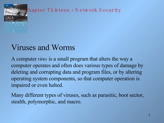 Viruses and Worms A computer  virus  is a small program that alters the way a computer operates and often does various types of damage by deleting and corrupting data and program files, or by altering operating system components, so that computer operation is impaired or even halted.  Many different types of viruses, such as parasitic, boot sector, stealth, polymorphic, and macro. Chapter Thirteen - Network Security 