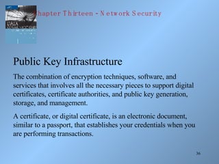 Public Key Infrastructure The combination of encryption techniques, software, and services that involves all the necessary pieces to support digital certificates, certificate authorities, and public key generation, storage, and management. A certificate, or digital certificate, is an electronic document, similar to a passport, that establishes your credentials when you are performing transactions. Chapter Thirteen - Network Security 