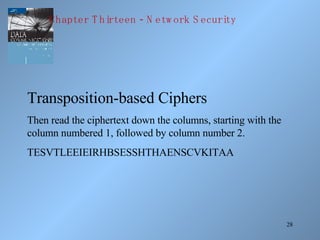 Transposition-based Ciphers Then read the ciphertext down the columns, starting with the column numbered 1, followed by co...