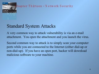 Standard System Attacks A very common way to attack vulnerability is via an e-mail attachment.  You open the attachment an...