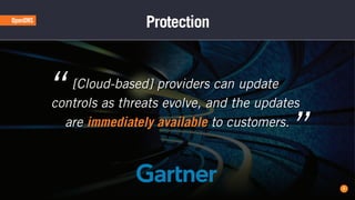 Protection
[Cloud-based] providers can update
controls as threats evolve, and the updates
are immediately available to customers.
”
“
6
 