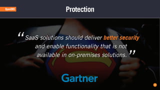 Protection
SaaS solutions should deliver better security
and enable functionality that is not
available in on-premises solutions.
”
“
9
 