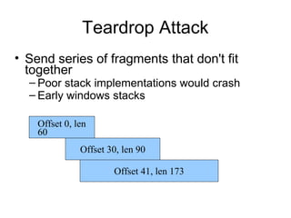 Teardrop Attack
• Send series of fragments that don't fit
together
– Poor stack implementations would crash
– Early windows stacks
Offset 0, len
60
Offset 30, len 90
Offset 41, len 173
 