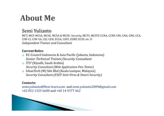 Semi Yulianto
MCT, MCP, MCSA, MCSE, MCSA & MCSE: Security, MCTS, MCITP, CCNA, CCNP, CNI, CNA, CNE, CCA,
CIW-CI, CIW-SA, CEI, CEH, ECSA, CHFI, EDRP, ECSP, etc 
Independent Trainer and Consultant


 EC-Council Indonesia & Asia Pacific (Jakarta, Indonesia)
Current Roles:


    ITS2 (Riyadh, Saudi Arabia)
    Senior Technical Trainer/Security Consultant


    IshanTech (M) Sdn Bhd (Kuala Lumpur, Malaysia)

    Security Consultant (Web Application Pen-Tester)

    Security Consultant (ESET Anti-Virus & Smart Security)


semi.yulianto@flexi-learn.com and semi.yulianto2009@gmail.com
Contacts:

+62 852 1325 6600 and +60 14 9377 462
 