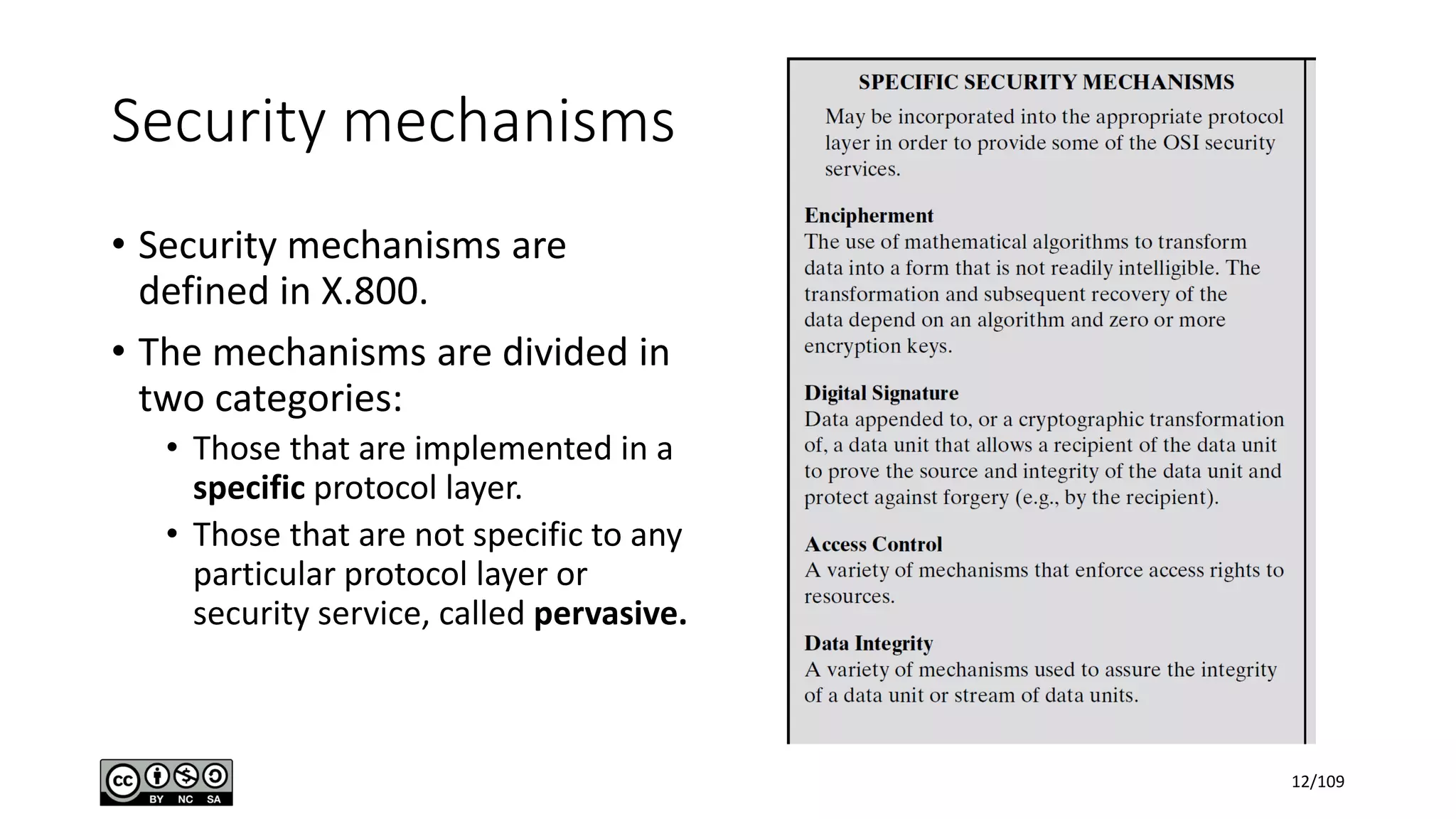 Security mechanisms
• Security mechanisms are
defined in X.800.
• The mechanisms are divided in
two categories:
• Those that are implemented in a
specific protocol layer.
• Those that are not specific to any
particular protocol layer or
security service, called pervasive.
12/109
 