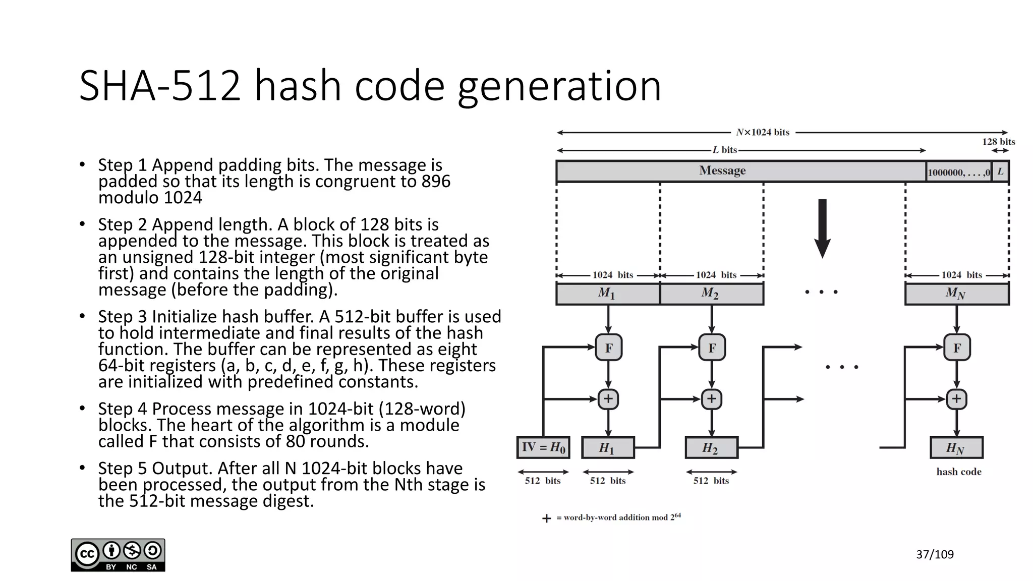 SHA-512 hash code generation
• Step 1 Append padding bits. The message is
padded so that its length is congruent to 896
modulo 1024
• Step 2 Append length. A block of 128 bits is
appended to the message. This block is treated as
an unsigned 128-bit integer (most significant byte
first) and contains the length of the original
message (before the padding).
• Step 3 Initialize hash buffer. A 512-bit buffer is used
to hold intermediate and final results of the hash
function. The buffer can be represented as eight
64-bit registers (a, b, c, d, e, f, g, h). These registers
are initialized with predefined constants.
• Step 4 Process message in 1024-bit (128-word)
blocks. The heart of the algorithm is a module
called F that consists of 80 rounds.
• Step 5 Output. After all N 1024-bit blocks have
been processed, the output from the Nth stage is
the 512-bit message digest.
37/109
 