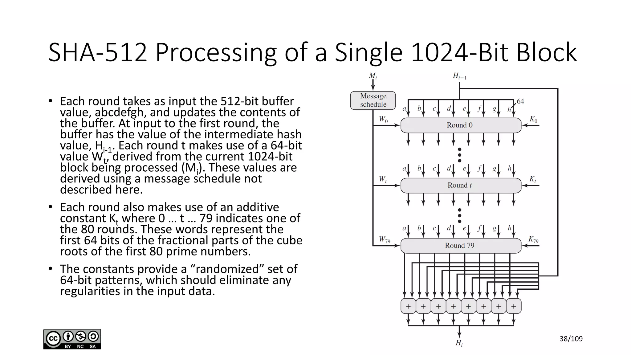 SHA-512 Processing of a Single 1024-Bit Block
• Each round takes as input the 512-bit buffer
value, abcdefgh, and updates the contents of
the buffer. At input to the first round, the
buffer has the value of the intermediate hash
value, Hi-1. Each round t makes use of a 64-bit
value Wt, derived from the current 1024-bit
block being processed (Mi). These values are
derived using a message schedule not
described here.
• Each round also makes use of an additive
constant Kt where 0 … t … 79 indicates one of
the 80 rounds. These words represent the
first 64 bits of the fractional parts of the cube
roots of the first 80 prime numbers.
• The constants provide a “randomized” set of
64-bit patterns, which should eliminate any
regularities in the input data.
38/109
 
