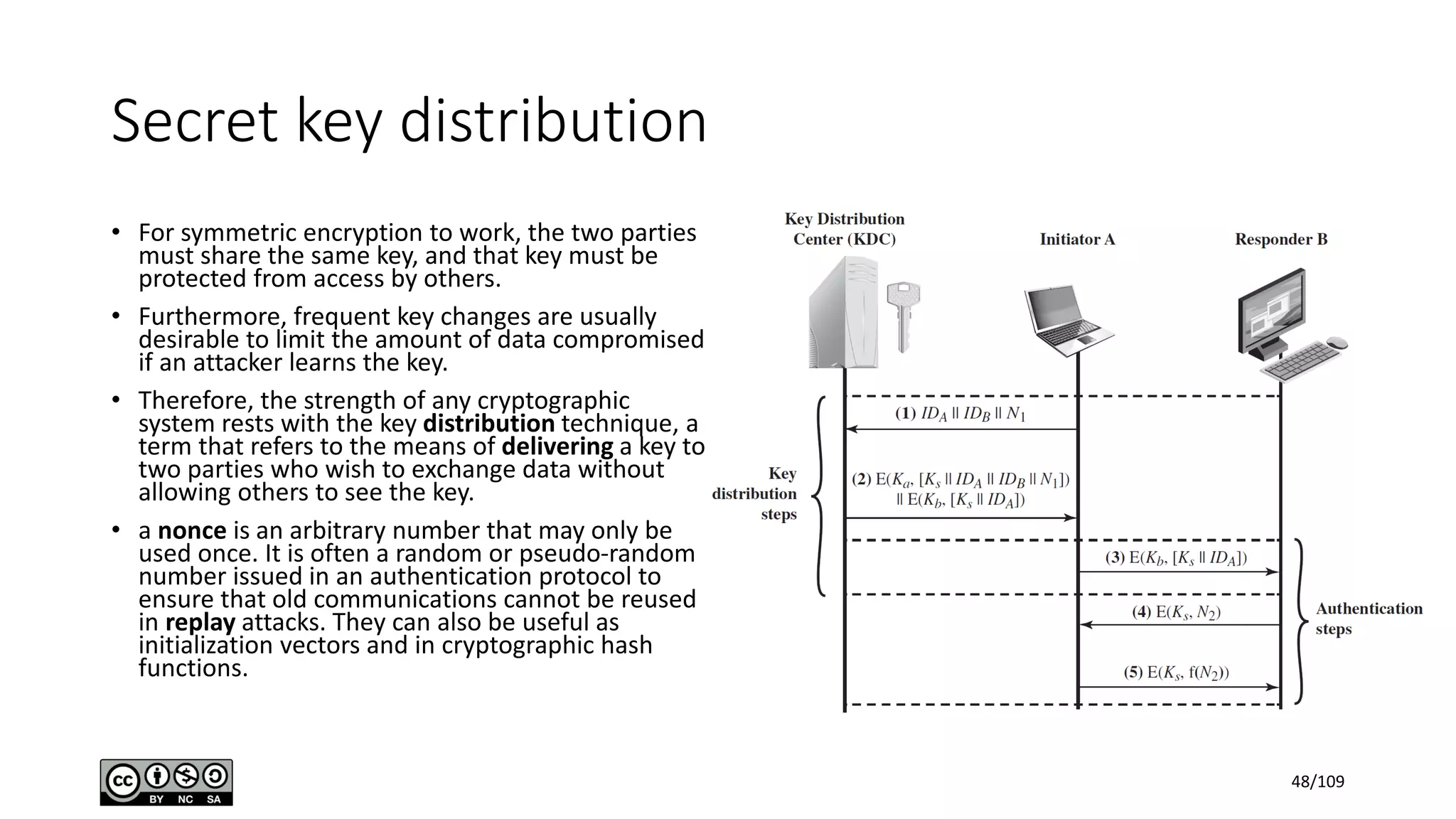 Secret key distribution
• For symmetric encryption to work, the two parties
must share the same key, and that key must be
protected from access by others.
• Furthermore, frequent key changes are usually
desirable to limit the amount of data compromised
if an attacker learns the key.
• Therefore, the strength of any cryptographic
system rests with the key distribution technique, a
term that refers to the means of delivering a key to
two parties who wish to exchange data without
allowing others to see the key.
• a nonce is an arbitrary number that may only be
used once. It is often a random or pseudo-random
number issued in an authentication protocol to
ensure that old communications cannot be reused
in replay attacks. They can also be useful as
initialization vectors and in cryptographic hash
functions.
48/109
 
