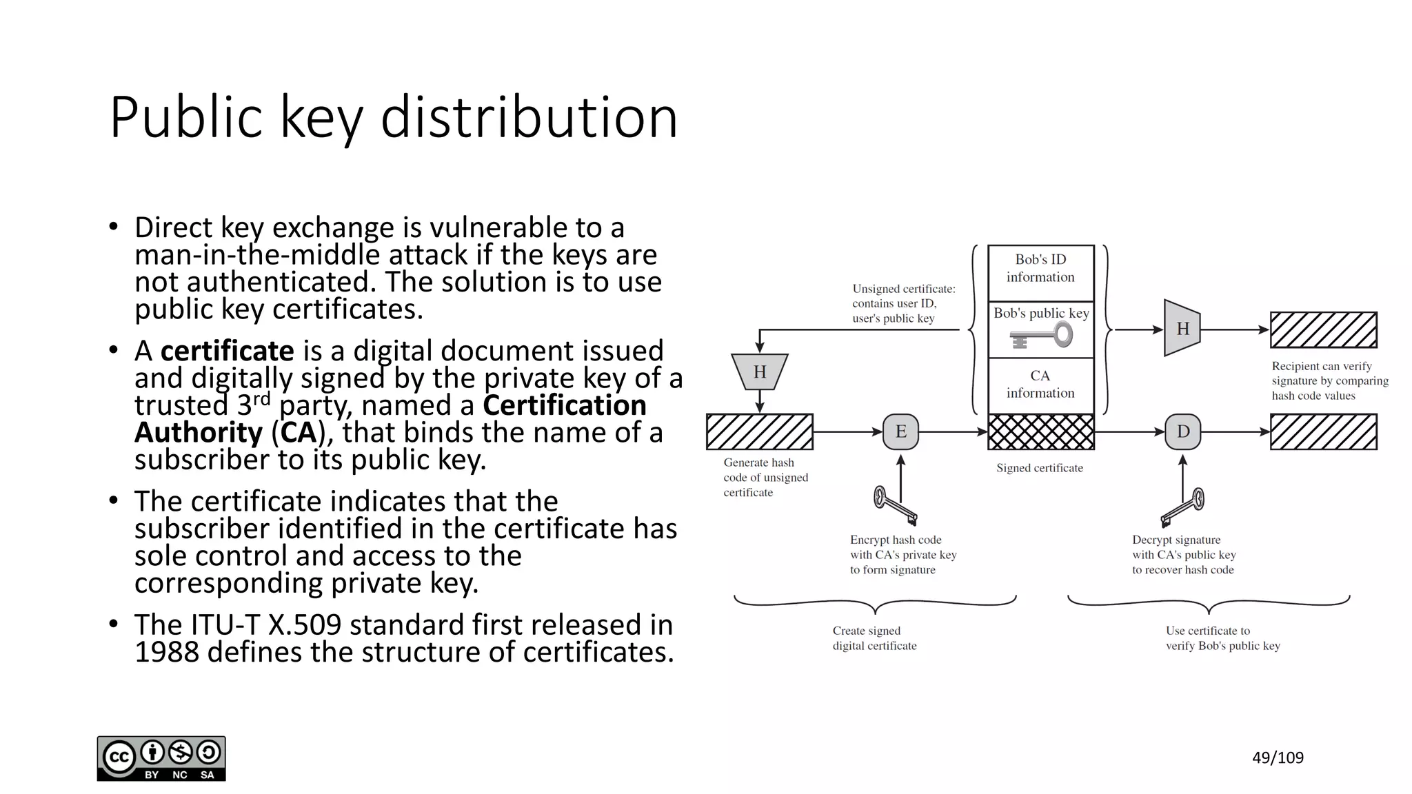 Public key distribution
• Direct key exchange is vulnerable to a
man-in-the-middle attack if the keys are
not authenticated. The solution is to use
public key certificates.
• A certificate is a digital document issued
and digitally signed by the private key of a
trusted 3rd party, named a Certification
Authority (CA), that binds the name of a
subscriber to its public key.
• The certificate indicates that the
subscriber identified in the certificate has
sole control and access to the
corresponding private key.
• The ITU-T X.509 standard first released in
1988 defines the structure of certificates.
49/109
 