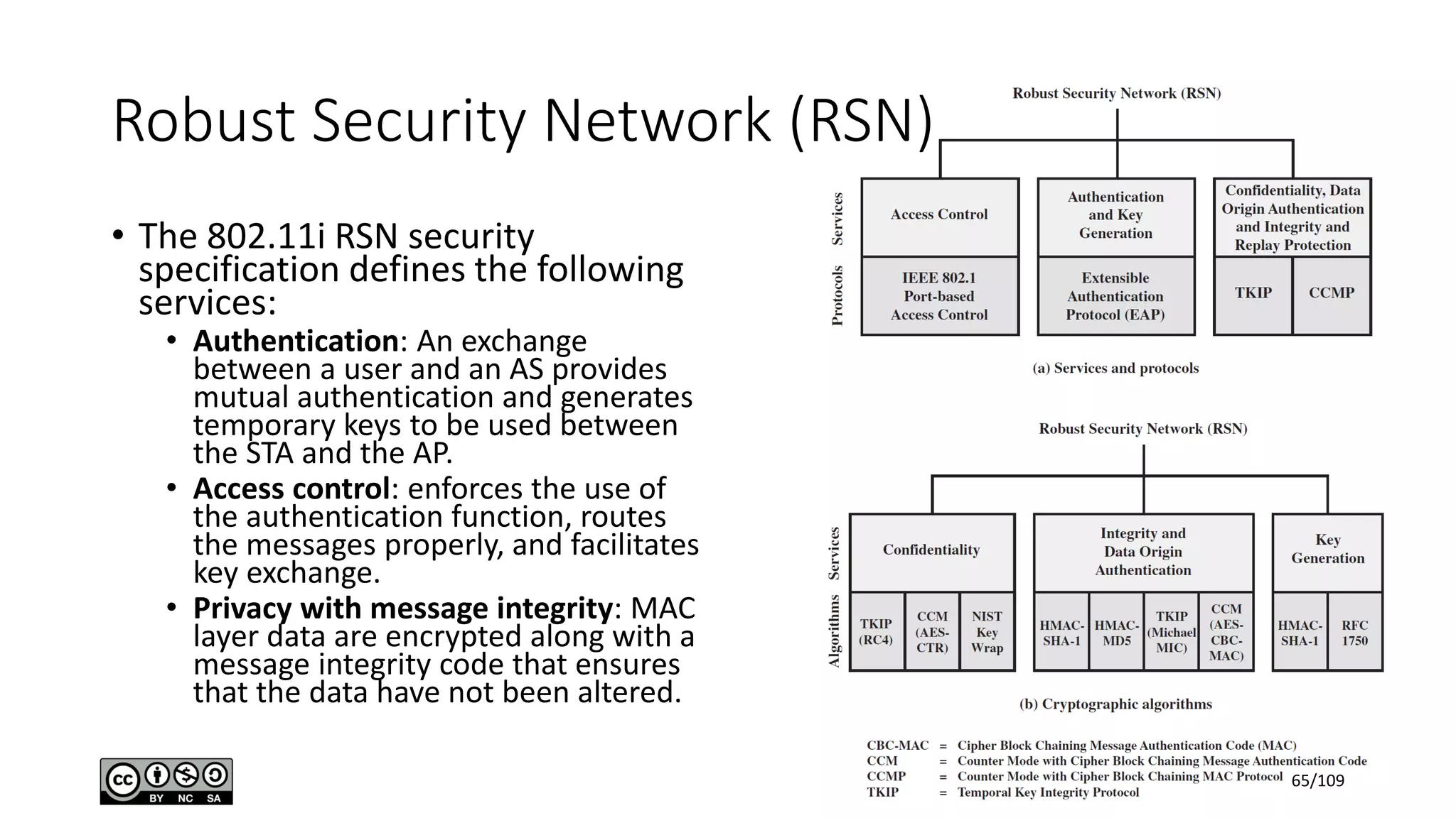 Robust Security Network (RSN)
• The 802.11i RSN security
specification defines the following
services:
• Authentication: An exchange
between a user and an AS provides
mutual authentication and generates
temporary keys to be used between
the STA and the AP.
• Access control: enforces the use of
the authentication function, routes
the messages properly, and facilitates
key exchange.
• Privacy with message integrity: MAC
layer data are encrypted along with a
message integrity code that ensures
that the data have not been altered.
65/109
 