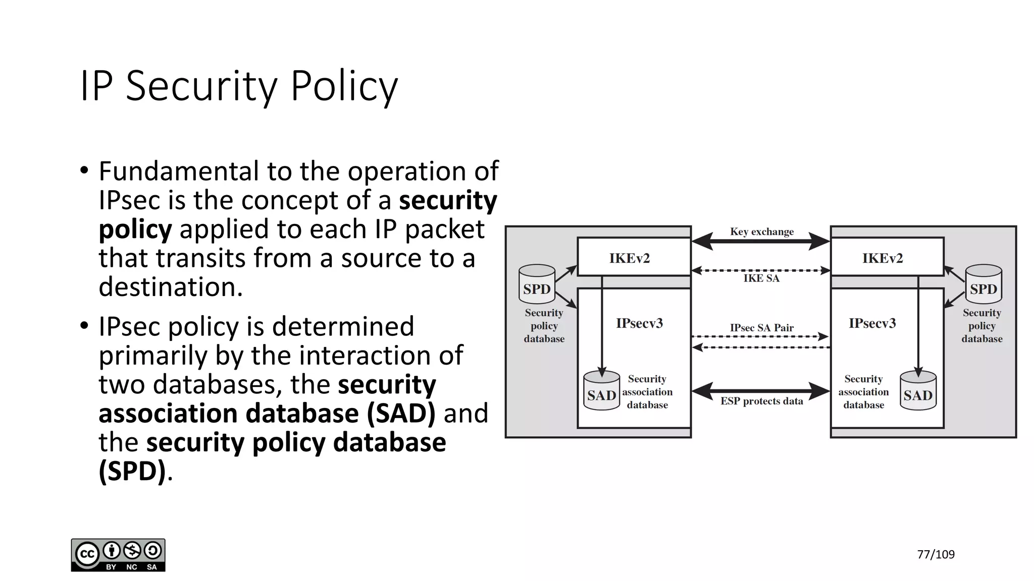 IP Security Policy
• Fundamental to the operation of
IPsec is the concept of a security
policy applied to each IP packet
that transits from a source to a
destination.
• IPsec policy is determined
primarily by the interaction of
two databases, the security
association database (SAD) and
the security policy database
(SPD).
77/109
 