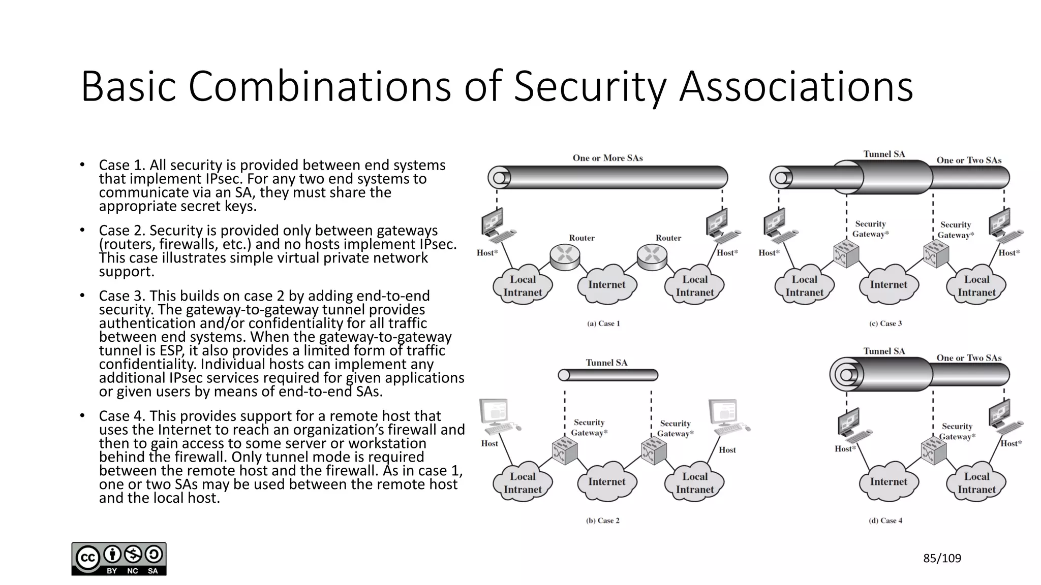 Basic Combinations of Security Associations
• Case 1. All security is provided between end systems
that implement IPsec. For any two end systems to
communicate via an SA, they must share the
appropriate secret keys.
• Case 2. Security is provided only between gateways
(routers, firewalls, etc.) and no hosts implement IPsec.
This case illustrates simple virtual private network
support.
• Case 3. This builds on case 2 by adding end-to-end
security. The gateway-to-gateway tunnel provides
authentication and/or confidentiality for all traffic
between end systems. When the gateway-to-gateway
tunnel is ESP, it also provides a limited form of traffic
confidentiality. Individual hosts can implement any
additional IPsec services required for given applications
or given users by means of end-to-end SAs.
• Case 4. This provides support for a remote host that
uses the Internet to reach an organization’s firewall and
then to gain access to some server or workstation
behind the firewall. Only tunnel mode is required
between the remote host and the firewall. As in case 1,
one or two SAs may be used between the remote host
and the local host.
85/109
 
