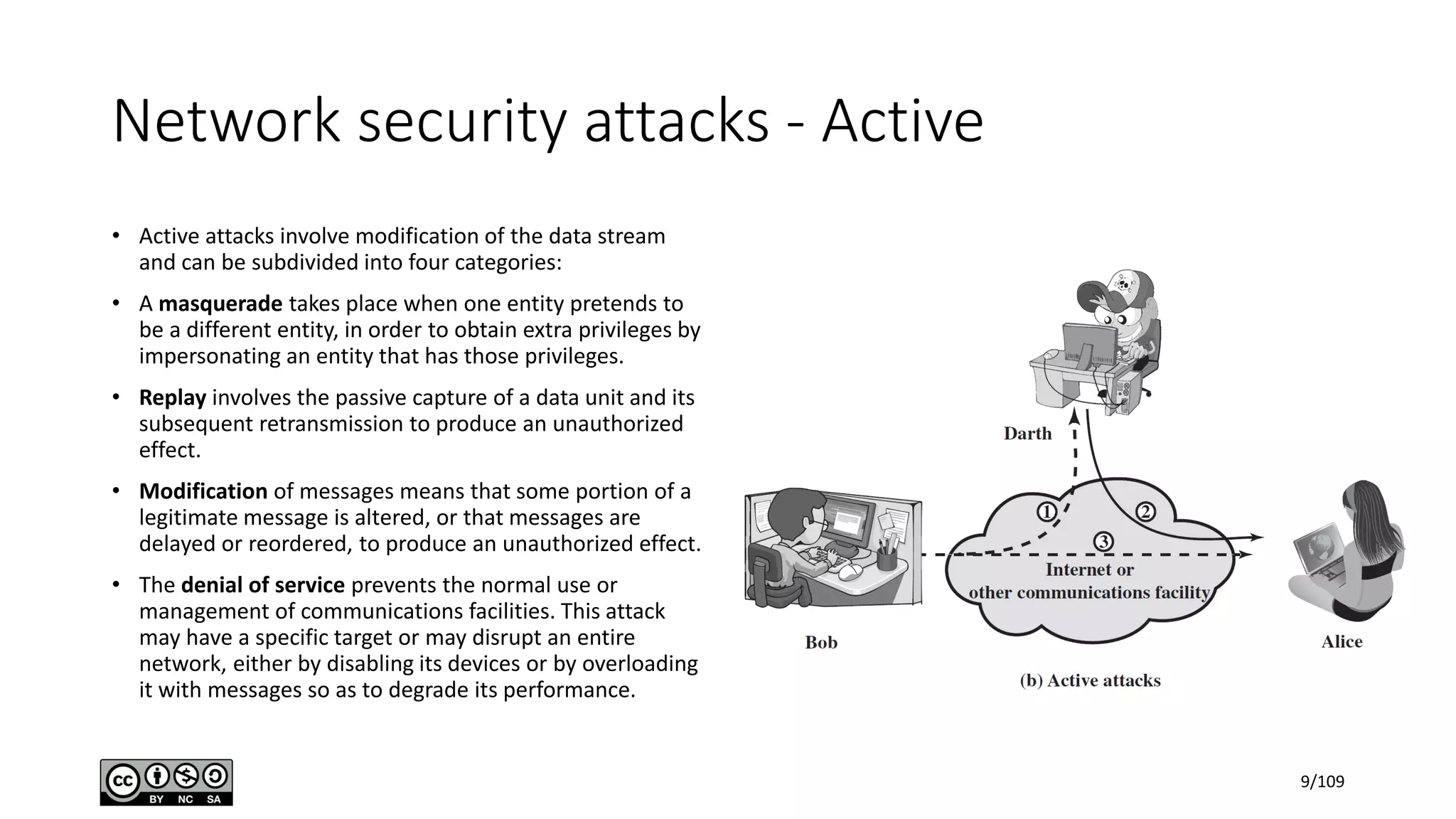 Network security attacks - Active
• Active attacks involve modification of the data stream
and can be subdivided into four categories:
• A masquerade takes place when one entity pretends to
be a different entity, in order to obtain extra privileges by
impersonating an entity that has those privileges.
• Replay involves the passive capture of a data unit and its
subsequent retransmission to produce an unauthorized
effect.
• Modification of messages means that some portion of a
legitimate message is altered, or that messages are
delayed or reordered, to produce an unauthorized effect.
• The denial of service prevents the normal use or
management of communications facilities. This attack
may have a specific target or may disrupt an entire
network, either by disabling its devices or by overloading
it with messages so as to degrade its performance.
9/109
 