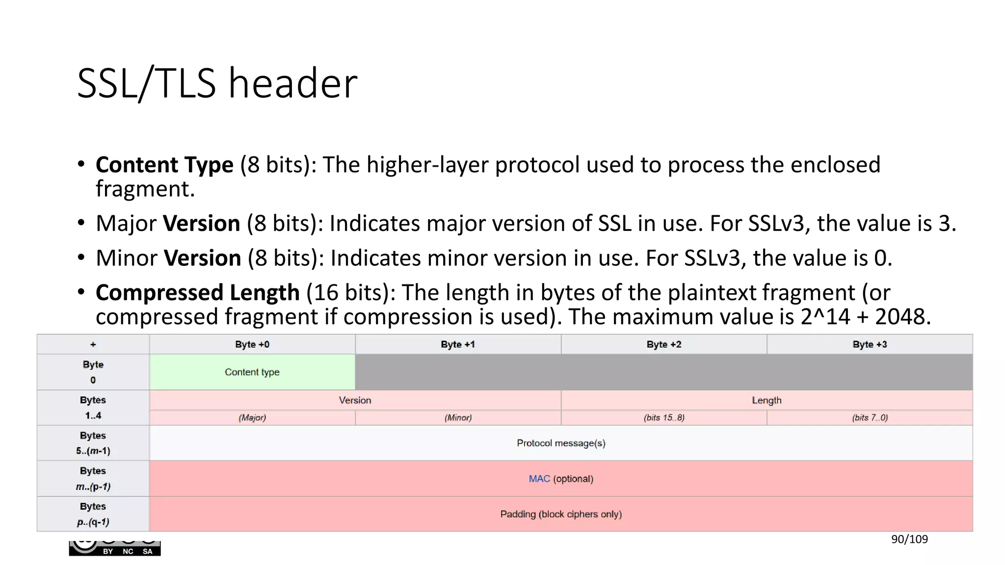 SSL/TLS header
• Content Type (8 bits): The higher-layer protocol used to process the enclosed
fragment.
• Major Version (8 bits): Indicates major version of SSL in use. For SSLv3, the value is 3.
• Minor Version (8 bits): Indicates minor version in use. For SSLv3, the value is 0.
• Compressed Length (16 bits): The length in bytes of the plaintext fragment (or
compressed fragment if compression is used). The maximum value is 2^14 + 2048.
90/109
 
