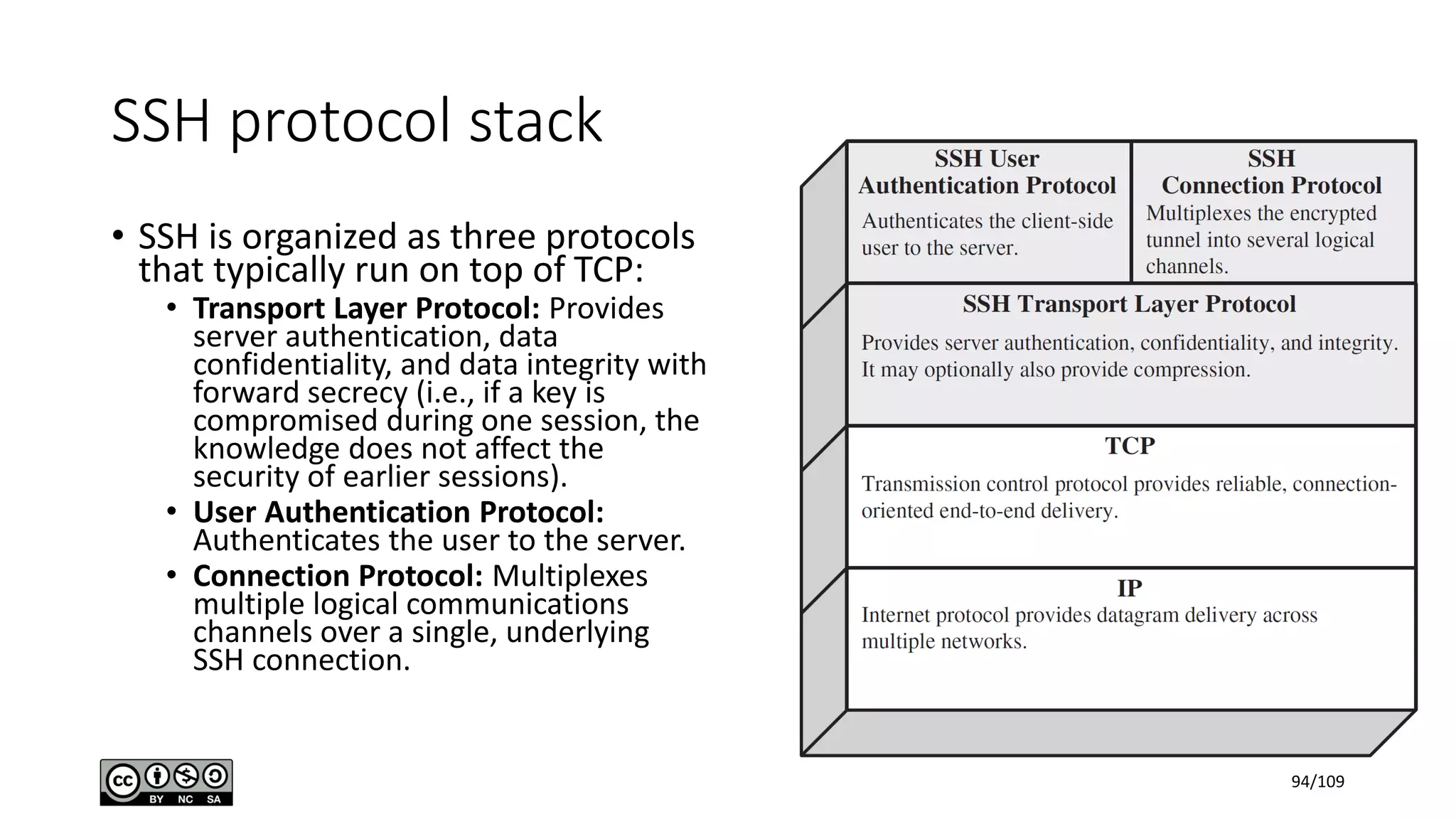 SSH protocol stack
• SSH is organized as three protocols
that typically run on top of TCP:
• Transport Layer Protocol: Provides
server authentication, data
confidentiality, and data integrity with
forward secrecy (i.e., if a key is
compromised during one session, the
knowledge does not affect the
security of earlier sessions).
• User Authentication Protocol:
Authenticates the user to the server.
• Connection Protocol: Multiplexes
multiple logical communications
channels over a single, underlying
SSH connection.
94/109
 