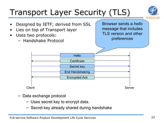 Transport Layer Security (TLS) Designed by IETF; derived from SSL Lies on top of Transport layer Uses two protocols: Handshake Protocol Data exchange protocol Uses secret key to encrypt data. Secret key already shared during handshake Hello Certificate Secret key End Handshaking Encrypted Ack Client Server Browser sends a  hello  message that includes TLS version and other preferences 