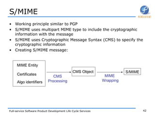 S/MIME Working principle similar to PGP S/MIME uses multipart MIME type to include the cryptographic information with the message S/MIME uses Cryptographic Message Syntax (CMS) to specify the cryptographic information  Creating S/MIME message: MIME Entity CMS Object S/MIME Certificates Algo identifiers CMS  Processing   MIME  Wrapping 