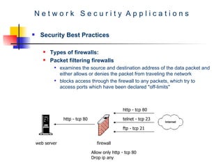 N e t w o r k  S e c u r i t y  A p p l i c a t i o n s Security Best Practices Types of firewalls: Packet filtering firewalls   examines the source and destination address of the data packet and either allows or denies the packet from traveling the network  blocks access through the firewall to any packets, which try to access ports which have been declared "off-limits" web server firewall http - tcp 80 telnet - tcp 23 ftp - tcp 21 http - tcp 80 Allow only http - tcp 80 Drop ip any 