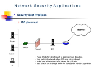 N e t w o r k  S e c u r i t y  A p p l i c a t i o n s Security Best Practices IDS placement PC Server Server IDS Firewall Switch Place IDS before the firewall to get maximum detection In a switched network, place IDS on a mirrored port  Make sure all network traffic passes the IDS host Best to run IDS in bridge mode for transparent network operation 