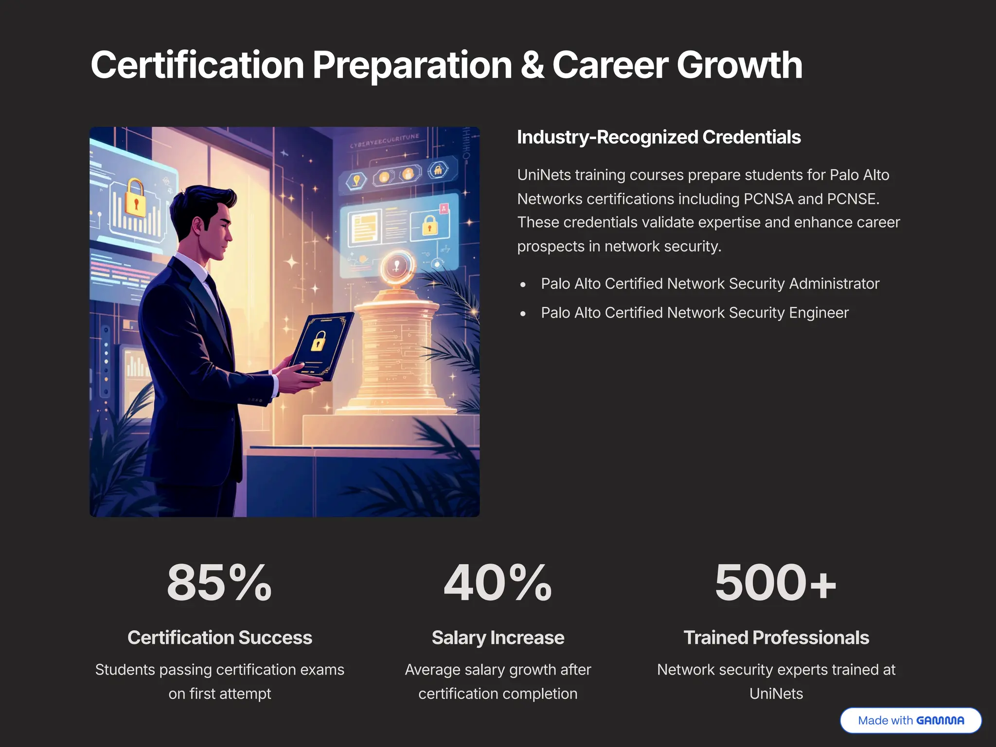 Certification Preparation & Career Growth
Industry-Recognized Credentials
UniNets training courses prepare students for Palo Alto
Networks certifications including PCNSA and PCNSE.
These credentials validate expertise and enhance career
prospects in network security.
Palo Alto Certified Network Security Administrator
Palo Alto Certified Network Security Engineer
85%
Certification Success
Students passing certification exams
on first attempt
40%
Salary Increase
Average salary growth after
certification completion
500+
Trained Professionals
Network security experts trained at
UniNets
 