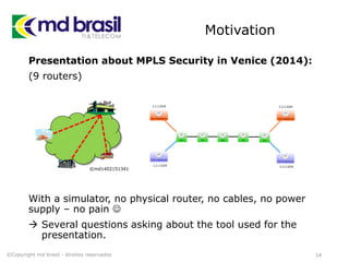 Motivation
Presentation about MPLS Security in Venice (2014):
(9 routers)
With a simulator, no physical router, no cables, no power
supply – no pain 
 Several questions asking about the tool used for the
presentation.
14©Copyright md brasil - direitos reservados
©md1402151341
 