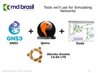 Tools we’ll use for Simulating
Networks
22©Copyright md brasil - direitos reservados
+ +
GNS3 Qemu Dude
Ubuntu Gnome
14.04 LTS
 