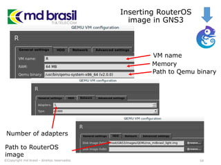 Inserting RouterOS
image in GNS3
©Copyright md brasil - direitos reservados 54
VM name
Memory
Number of adapters
Path to Qemu binary
Path to RouterOS
image
 