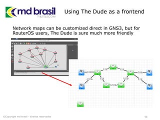 Using The Dude as a frontend
Network maps can be customized direct in GNS3, but for
RouterOS users, The Dude is sure much more friendly
©Copyright md brasil - direitos reservados 56
 