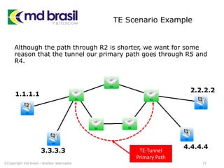 TE Scenario Example
Although the path through R2 is shorter, we want for some
reason that the tunnel our primary path goes through R5 and
R4.
77©Copyright md brasil - direitos reservados
TE-Tunnel
Primary Path
1.1.1.1
2.2.2.2
3.3.3.3
4.4.4.4
 