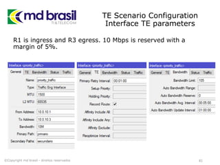 TE Scenario Configuration
Interface TE parameters
R1 is ingress and R3 egress. 10 Mbps is reserved with a
margin of 5%.
81©Copyright md brasil - direitos reservados
 