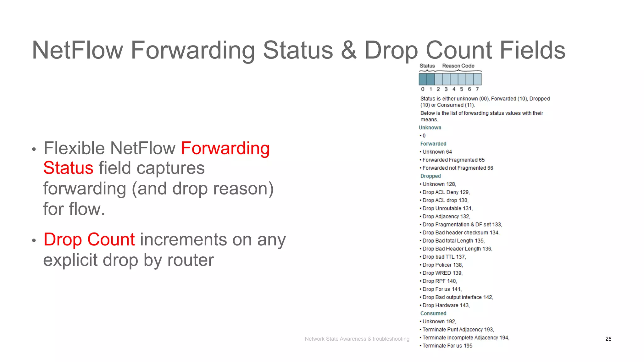 Network State Awareness & troubleshooting
•  Flexible NetFlow Forwarding
Status field captures
forwarding (and drop reason)
for flow.
•  Drop Count increments on any
explicit drop by router
NetFlow Forwarding Status & Drop Count Fields
25
 