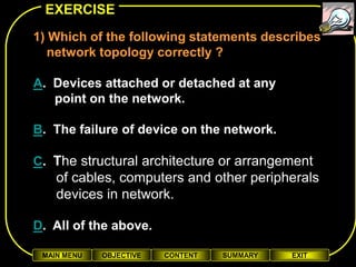 EXERCISE
1) Which of the following statements describes
   network topology correctly ?

A. Devices attached or detached at any
   point on the network.

B. The failure of device on the network.

C. The structural architecture or arrangement
    of cables, computers and other peripherals
    devices in network.

D. All of the above.

 MAIN MENU   OBJECTIVE   CONTENT   SUMMARY   EXIT
 