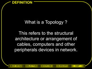 DEFINITION




            What is a Topology ?

     This refers to the structural
   architecture or arrangement of
    cables, computers and other
   peripherals devices in network.


MAIN MENU   OBJECTIVE   EXERCISE   SUMMARY   EXIT
 