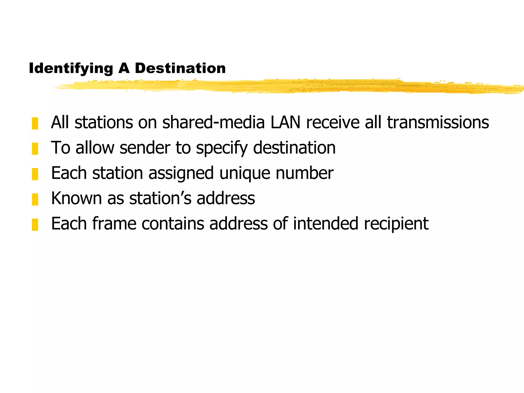 Identifying A Destination All stations on shared-media LAN receive all transmissions To allow sender to specify destination Each station assigned unique number Known as station’s address Each frame contains address of intended recipient 