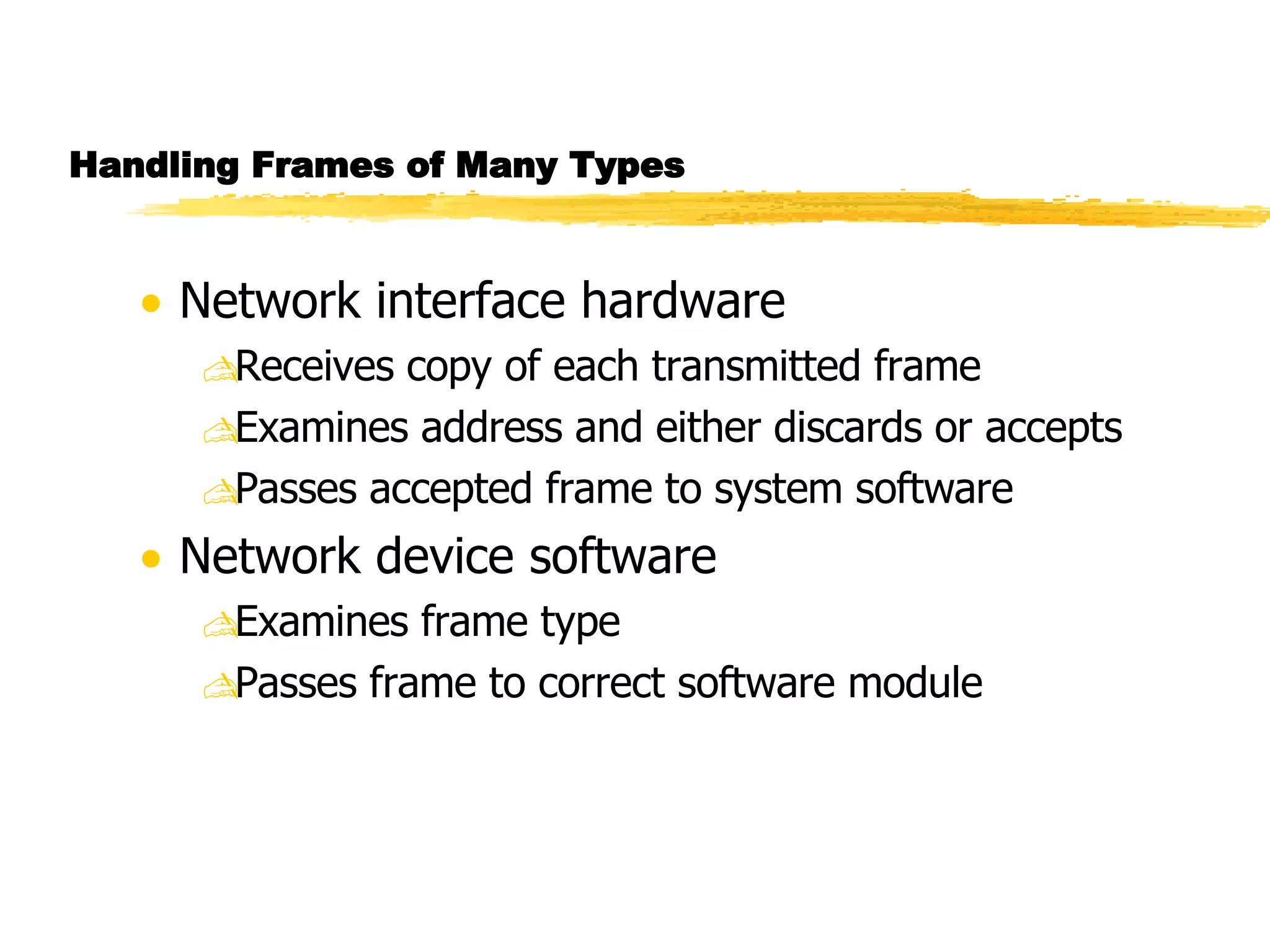 Handling Frames of Many Types Network interface hardware Receives copy of each transmitted frame Examines address and either discards or accepts Passes accepted frame to system software Network device software Examines frame type Passes frame to correct software module 