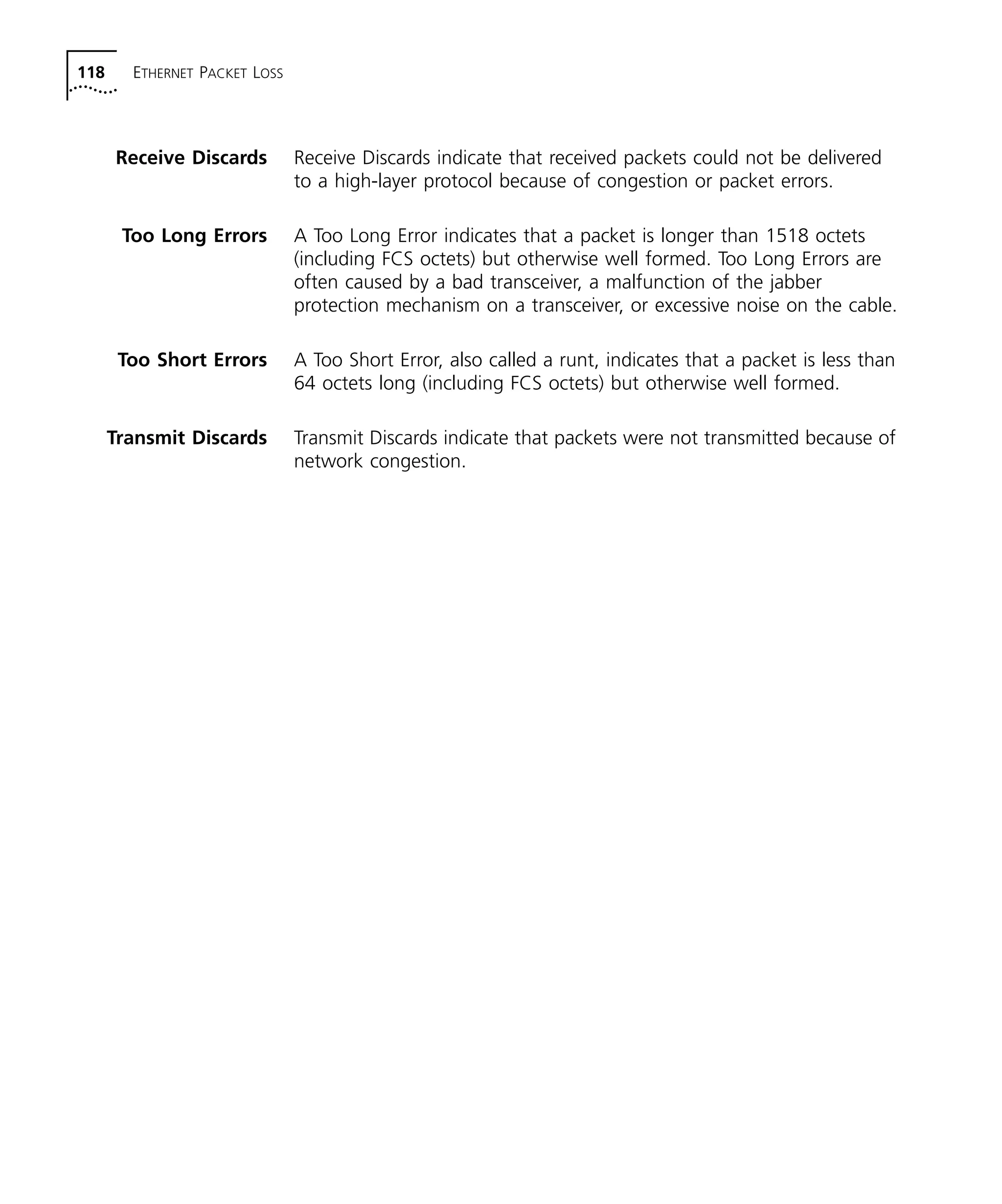 118 ETHERNET PACKET LOSS 
Receive Discards Receive Discards indicate that received packets could not be delivered 
to a high-layer protocol because of congestion or packet errors. 
Too Long Errors A Too Long Error indicates that a packet is longer than 1518 octets 
(including FCS octets) but otherwise well formed. Too Long Errors are 
often caused by a bad transceiver, a malfunction of the jabber 
protection mechanism on a transceiver, or excessive noise on the cable. 
Too Short Errors A Too Short Error, also called a runt, indicates that a packet is less than 
64 octets long (including FCS octets) but otherwise well formed. 
Transmit Discards Transmit Discards indicate that packets were not transmitted because of 
network congestion. 
 