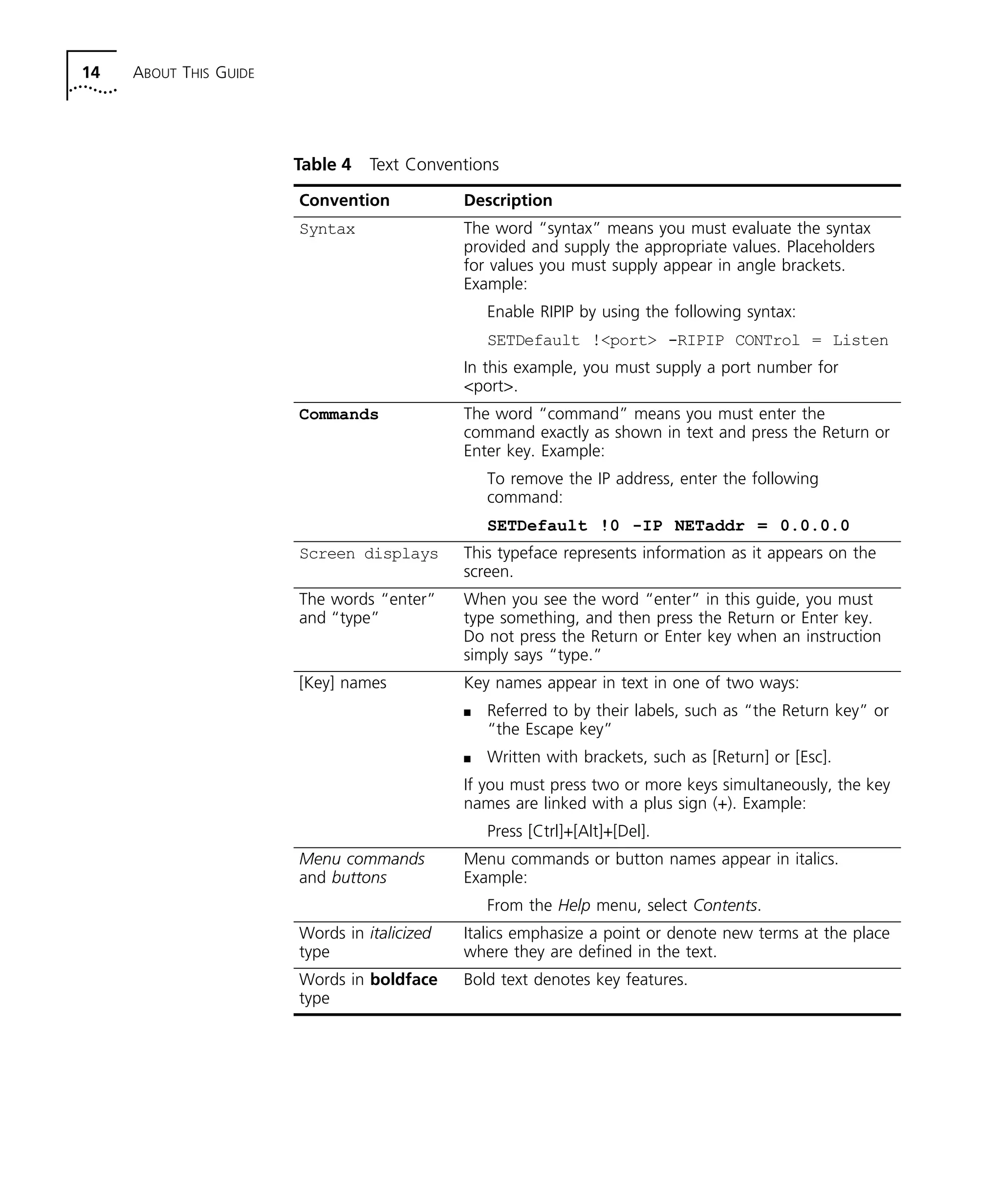 14 ABOUT THIS GUIDE 
Table 4 Text Conventions 
Convention Description 
Syntax The word “syntax” means you must evaluate the syntax 
provided and supply the appropriate values. Placeholders 
for values you must supply appear in angle brackets. 
Example: 
Enable RIPIP by using the following syntax: 
SETDefault !<port> -RIPIP CONTrol = Listen 
In this example, you must supply a port number for 
<port>. 
Commands The word “command” means you must enter the 
command exactly as shown in text and press the Return or 
Enter key. Example: 
To remove the IP address, enter the following 
command: 
SETDefault !0 -IP NETaddr = 0.0.0.0 
Screen displays This typeface represents information as it appears on the 
screen. 
The words “enter” 
and “type” 
When you see the word “enter” in this guide, you must 
type something, and then press the Return or Enter key. 
Do not press the Return or Enter key when an instruction 
simply says “type.” 
[Key] names Key names appear in text in one of two ways: 
n Referred to by their labels, such as “the Return key” or 
“the Escape key” 
n Written with brackets, such as [Return] or [Esc]. 
If you must press two or more keys simultaneously, the key 
names are linked with a plus sign (+). Example: 
Press [Ctrl]+[Alt]+[Del]. 
Menu commands 
and buttons 
Menu commands or button names appear in italics. 
Example: 
From the Help menu, select Contents. 
Words in italicized 
type 
Italics emphasize a point or denote new terms at the place 
where they are defined in the text. 
Words in boldface 
type 
Bold text denotes key features. 
 
