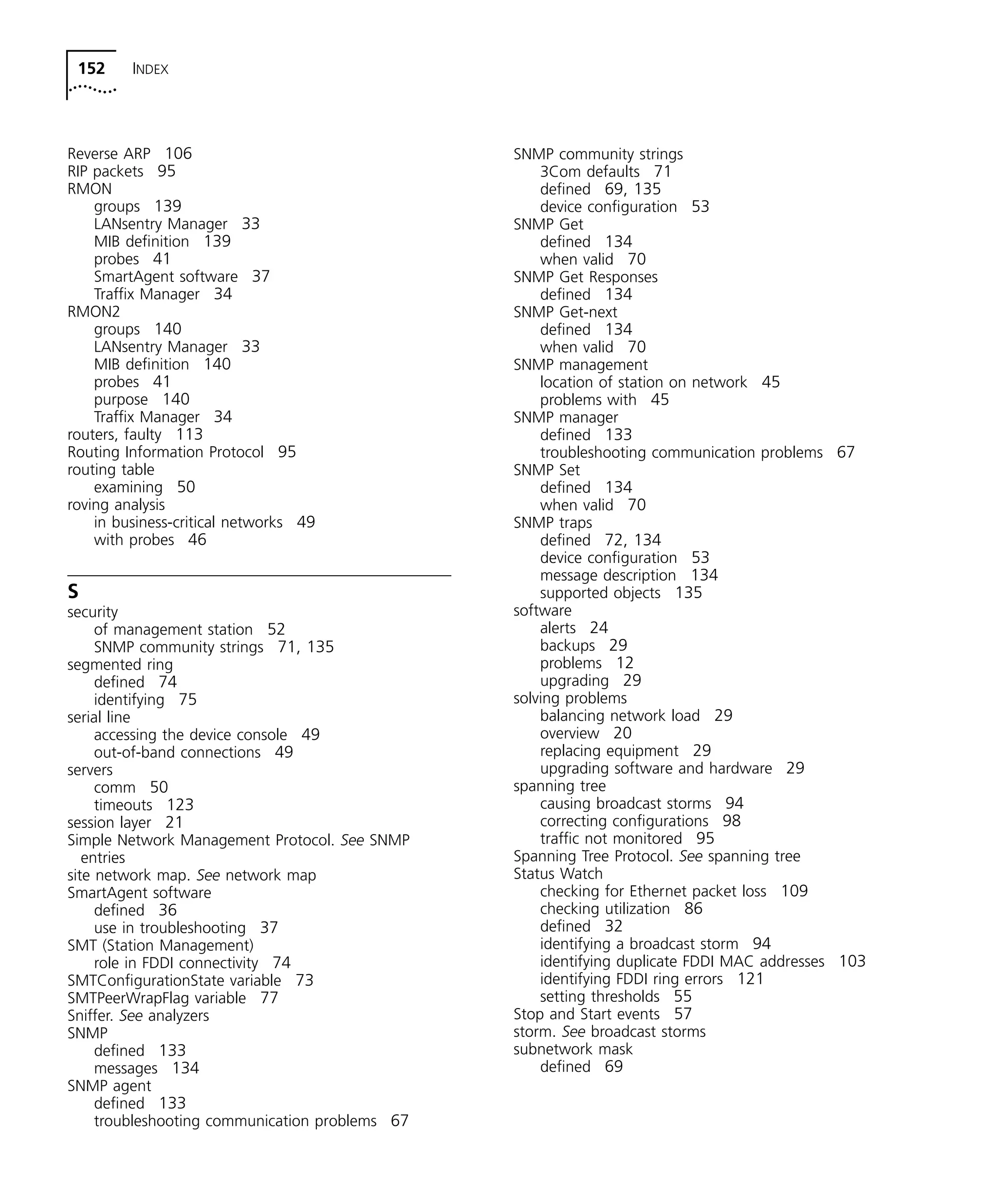 152 INDEX 
Reverse ARP 106 
RIP packets 95 
RMON 
groups 139 
LANsentry Manager 33 
MIB definition 139 
probes 41 
SmartAgent software 37 
Traffix Manager 34 
RMON2 
groups 140 
LANsentry Manager 33 
MIB definition 140 
probes 41 
purpose 140 
Traffix Manager 34 
routers, faulty 113 
Routing Information Protocol 95 
routing table 
examining 50 
roving analysis 
in business-critical networks 49 
with probes 46 
S 
security 
of management station 52 
SNMP community strings 71, 135 
segmented ring 
defined 74 
identifying 75 
serial line 
accessing the device console 49 
out-of-band connections 49 
servers 
comm 50 
timeouts 123 
session layer 21 
Simple Network Management Protocol. See SNMP 
entries 
site network map. See network map 
SmartAgent software 
defined 36 
use in troubleshooting 37 
SMT (Station Management) 
role in FDDI connectivity 74 
SMTConfigurationState variable 73 
SMTPeerWrapFlag variable 77 
Sniffer. See analyzers 
SNMP 
defined 133 
messages 134 
SNMP agent 
defined 133 
troubleshooting communication problems 67 
SNMP community strings 
3Com defaults 71 
defined 69, 135 
device configuration 53 
SNMP Get 
defined 134 
when valid 70 
SNMP Get Responses 
defined 134 
SNMP Get-next 
defined 134 
when valid 70 
SNMP management 
location of station on network 45 
problems with 45 
SNMP manager 
defined 133 
troubleshooting communication problems 67 
SNMP Set 
defined 134 
when valid 70 
SNMP traps 
defined 72, 134 
device configuration 53 
message description 134 
supported objects 135 
software 
alerts 24 
backups 29 
problems 12 
upgrading 29 
solving problems 
balancing network load 29 
overview 20 
replacing equipment 29 
upgrading software and hardware 29 
spanning tree 
causing broadcast storms 94 
correcting configurations 98 
traffic not monitored 95 
Spanning Tree Protocol. See spanning tree 
Status Watch 
checking for Ethernet packet loss 109 
checking utilization 86 
defined 32 
identifying a broadcast storm 94 
identifying duplicate FDDI MAC addresses 103 
identifying FDDI ring errors 121 
setting thresholds 55 
Stop and Start events 57 
storm. See broadcast storms 
subnetwork mask 
defined 69 
 