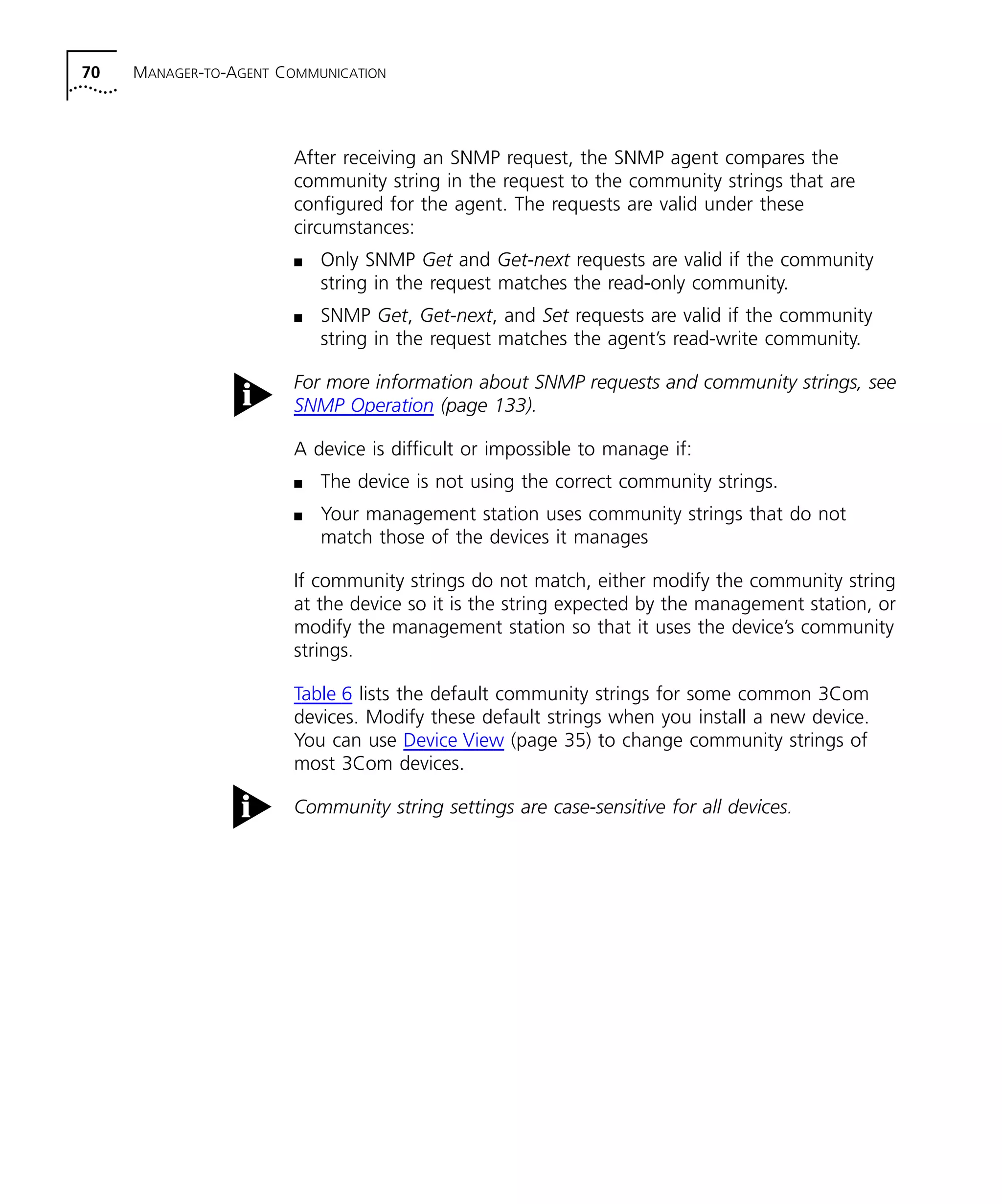 70 MANAGER-TO-AGENT COMMUNICATION 
After receiving an SNMP request, the SNMP agent compares the 
community string in the request to the community strings that are 
configured for the agent. The requests are valid under these 
circumstances: 
n Only SNMP Get and Get-next requests are valid if the community 
string in the request matches the read-only community. 
n SNMP Get, Get-next, and Set requests are valid if the community 
string in the request matches the agent’s read-write community. 
For more information about SNMP requests and community strings, see 
SNMP Operation (page 133). 
A device is difficult or impossible to manage if: 
n The device is not using the correct community strings. 
n Your management station uses community strings that do not 
match those of the devices it manages 
If community strings do not match, either modify the community string 
at the device so it is the string expected by the management station, or 
modify the management station so that it uses the device’s community 
strings. 
Table 6 lists the default community strings for some common 3Com 
devices. Modify these default strings when you install a new device. 
You can use Device View (page 35) to change community strings of 
most 3Com devices. 
Community string settings are case-sensitive for all devices. 
 