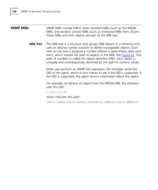 136 SNMP IN NETWORK TROUBLESHOOTING 
SNMP MIBs SNMP MIBs include MIB-II, other standard MIBs (such as the RMON 
MIB), and vendors’ private MIBs (such as enterprise MIBs from 3Com). 
These MIBs and their objects are part of the MIB tree. 
MIB Tree The MIB tree is a structure that groups MIB objects in a hierarchy and 
uses an abstract syntax notation to define manageable objects. Each 
item on the tree is assigned a number (shown in parentheses after each 
item), which creates the path to objects in the MIB. See Figure 22. This 
path of numbers is called the object identifier (OID). Each object is 
uniquely and unambiguously identified by the path of numeric values. 
When you perform an SNMP Get operation, the manager sends the 
OID to the agent, which in turn checks to see if the OID is supported. If 
the OID is supported, the agent returns information about the object. 
For example, to retrieve an object from the RMON MIB, the software 
uses this OID: 
1.3.6.1.2.1.16 
which indicates this path: 
iso(1).indent-org(3).dod(6).internet(1).mgmt(2).mib(1).RMON(16) 
 