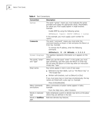 14 ABOUT THIS GUIDE 
Table 4 Text Conventions 
Convention Description 
Syntax The word “syntax” means you must evaluate the syntax 
provided and supply the appropriate values. Placeholders 
for values you must supply appear in angle brackets. 
Example: 
Enable RIPIP by using the following syntax: 
SETDefault !<port> -RIPIP CONTrol = Listen 
In this example, you must supply a port number for 
<port>. 
Commands The word “command” means you must enter the 
command exactly as shown in text and press the Return or 
Enter key. Example: 
To remove the IP address, enter the following 
command: 
SETDefault !0 -IP NETaddr = 0.0.0.0 
Screen displays This typeface represents information as it appears on the 
screen. 
The words “enter” 
and “type” 
When you see the word “enter” in this guide, you must 
type something, and then press the Return or Enter key. 
Do not press the Return or Enter key when an instruction 
simply says “type.” 
[Key] names Key names appear in text in one of two ways: 
n Referred to by their labels, such as “the Return key” or 
“the Escape key” 
n Written with brackets, such as [Return] or [Esc]. 
If you must press two or more keys simultaneously, the key 
names are linked with a plus sign (+). Example: 
Press [Ctrl]+[Alt]+[Del]. 
Menu commands 
and buttons 
Menu commands or button names appear in italics. 
Example: 
From the Help menu, select Contents. 
Words in italicized 
type 
Italics emphasize a point or denote new terms at the place 
where they are defined in the text. 
Words in boldface 
type 
Bold text denotes key features. 
 