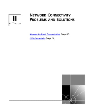 II 
NETWORK CONNECTIVITY 
PROBLEMS AND SOLUTIONS 
Manager-to-Agent Communication (page 67) 
FDDI Connectivity (page 73) 
 