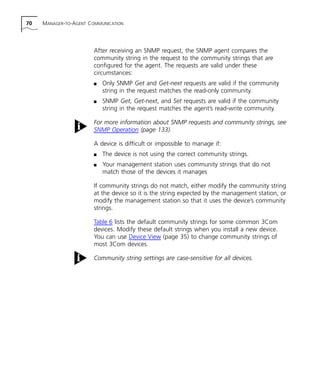 70 MANAGER-TO-AGENT COMMUNICATION 
After receiving an SNMP request, the SNMP agent compares the 
community string in the request to the community strings that are 
configured for the agent. The requests are valid under these 
circumstances: 
n Only SNMP Get and Get-next requests are valid if the community 
string in the request matches the read-only community. 
n SNMP Get, Get-next, and Set requests are valid if the community 
string in the request matches the agent’s read-write community. 
For more information about SNMP requests and community strings, see 
SNMP Operation (page 133). 
A device is difficult or impossible to manage if: 
n The device is not using the correct community strings. 
n Your management station uses community strings that do not 
match those of the devices it manages 
If community strings do not match, either modify the community string 
at the device so it is the string expected by the management station, or 
modify the management station so that it uses the device’s community 
strings. 
Table 6 lists the default community strings for some common 3Com 
devices. Modify these default strings when you install a new device. 
You can use Device View (page 35) to change community strings of 
most 3Com devices. 
Community string settings are case-sensitive for all devices. 
 