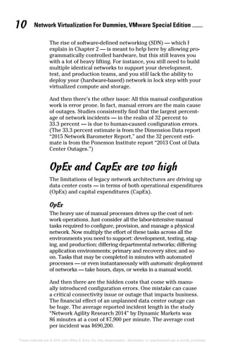 Network Virtualization For Dummies, VMware Special Edition 
10
These materials are © 2016 John Wiley  Sons, Inc. Any dissemination, distribution, or unauthorized use is strictly prohibited.
The rise of software‐defined networking (SDN) — which I
explain in Chapter 2 — is meant to help here by allowing pro­
grammatically controlled hardware, but this still leaves you
with a lot of heavy lifting. For instance, you still need to build
multiple identical networks to support your development,
test, and production teams, and you still lack the ability to
deploy your (hardware‐based) network in lock step with your
virtualized compute and storage.
And then there’s the other issue: All this manual configuration
work is error prone. In fact, manual errors are the main cause
of outages. Studies consistently find that the largest percent­
age of network incidents — in the realm of 32 percent to
33.3 percent — is due to human‐caused configuration errors.
(The 33.3 percent estimate is from the Dimension Data report
“2015 Network Barometer Report,” and the 32 percent esti­
mate is from the Ponemon Institute report “2013 Cost of Data
Center Outages.”)
OpEx and CapEx are too high
The limitations of legacy network architectures are driving up
data center costs — in terms of both operational expenditures
(OpEx) and capital expenditures (CapEx).
OpEx
The heavy use of manual processes drives up the cost of net­
work operations. Just consider all the labor‐intensive manual
tasks required to configure, provision, and manage a physical
network. Now multiply the effort of these tasks across all the
environments you need to support: development, testing, stag­
ing, and production; differing departmental networks; differing
application environments; primary and recovery sites; and so
on. Tasks that may be completed in minutes with automated
processes — or even instantaneously with automatic deployment
of networks — take hours, days, or weeks in a manual world.
And then there are the hidden costs that come with manu­
ally introduced configuration errors. One mistake can cause
a critical connectivity issue or outage that impacts business.
The financial effect of an unplanned data center outage can
be huge. The average reported incident length in the study
“Network Agility Research 2014” by Dynamic Markets was
86 minutes at a cost of $7,900 per minute. The average cost
per incident was $690,200.
 
