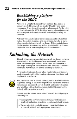 Network Virtualization For Dummies, VMware Special Edition 
22
These materials are © 2016 John Wiley  Sons, Inc. Any dissemination, distribution, or unauthorized use is strictly prohibited.
Establishing a platform
for the SDDC
As I note in Chapter 1, the software‐defined data center is
a much‐needed framework for greater IT agility and more
responsive IT service delivery, all at a lower cost. As the criti-
cal third pillar of the SDDC, building on the pillars of compute
and storage virtualization, network virtualization is key to
the SDDC.
Network virtualization is a transformative architecture that
makes it possible to create and run entire networks in paral-
lel on top of existing network hardware. This results in faster
deployment of workloads, as well as greater agility and secu-
rity in the face of increasingly dynamic data centers.
Rethinking the Network
Though it leverages your existing network hardware, network
virtualization is a fundamentally new approach to the net-
work. This means you need to think about your network in
new ways. In the past, network functions revolved all around
hardware. Now they have all the flexibility of software.
A virtualized network should allow you to take an entire net-
work, complete with all its configurations and functions, and
duplicate it in software.
You should be able to create and run your virtualized network
in parallel on top of your existing network hardware. A virtual
network can be created, saved, deleted, and restored, just as
you would do with virtual machines, but in this case you’re
doing it with the entire network.
In more specific terms, a virtualized network should give you
the ability to
✓
✓ Decouple the network from underlying hardware and
apply virtualization principles to network infrastructure.
✓
✓ Create a flexible pool of transport capacity that can be
allocated, utilized, and repurposed on demand.
 