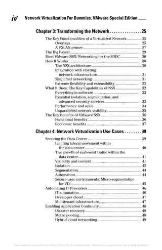 Network Virtualization For Dummies, VMware Special Edition 
These materials are © 2016 John Wiley  Sons, Inc. Any dissemination, distribution, or unauthorized use is strictly prohibited.
Chapter 3: Transforming the Network. .  .  .  .  .  .  .  .  .  .  .  .  .  . 25
The Key Functionalities of a Virtualized Network................ 25
Overlays........................................................................... 25
A VXLAN primer.............................................................. 27
The Big Payoff........................................................................... 29
Meet VMware NSX: Networking for the SDDC....................... 30
How It Works............................................................................. 30
The NSX architecture..................................................... 30
Integration with existing
network infrastructure............................................... 31
Simplified networking.................................................... 31
Extreme flexibility and extensibility............................. 32
What It Does: The Key Capabilities of NSX............................ 32
Everything in software................................................... 33
Essential isolation, segmentation, and
advanced security services....................................... 33
Performance and scale................................................... 34
Unparalleled network visibility..................................... 35
The Key Benefits of VMware NSX........................................... 36
Functional benefits......................................................... 36
Economic benefits.......................................................... 37
Chapter 4: Network Virtualization Use Cases.  .  .  .  .  .  .  . 39
Securing the Data Center......................................................... 39
Limiting lateral movement within
the data center............................................................ 40
The growth of east–west traffic within the
data center................................................................... 41
Visibility and context..................................................... 41
Isolation........................................................................... 42
Segmentation................................................................... 44
Automation...................................................................... 44
Secure user environments: Micro‐segmentation
for VDI.......................................................................... 45
Automating IT Processes......................................................... 46
IT automation.................................................................. 46
Developer cloud.............................................................. 47
Multitenant infrastructure............................................. 47
Enabling Application Continuity............................................. 48
Disaster recovery........................................................... 48
Metro pooling.................................................................. 48
Hybrid cloud networking............................................... 49
iv
 