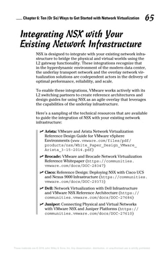 Chapter 6: Ten (Or So) Ways to Get Started with Network Virtualization 65
These materials are © 2016 John Wiley  Sons, Inc. Any dissemination, distribution, or unauthorized use is strictly prohibited.
Integrating NSX with Your
Existing Network Infrastructure
NSX is designed to integrate with your existing network infra-
structure to bridge the physical and virtual worlds using the
L2 gateway functionality. These integrations recognize that
in the hyperdynamic environment of the modern data center,
the underlay transport network and the overlay network vir-
tualization solutions are codependent actors in the delivery of
optimal performance, reliability, and scale.
To enable these integrations, VMware works actively with its
L2 switching partners to create reference architectures and
design guides for using NSX as an agile overlay that leverages
the capabilities of the underlay infrastructure.
Here’s a sampling of the technical resources that are available
to guide the integration of NSX with your existing network
infrastructure:
✓
✓ Arista: VMware and Arista Network Virtualization
Reference Design Guide for VMware vSphere
Environments (www.vmware.com/files/pdf/
products/nsx/White_Paper_Design_VMware_
Arista_3-15-2014.pdf)
✓
✓ Brocade: VMware and Brocade Network Virtualization
Reference Whitepaper (https://communities.
vmware.com/docs/DOC-28347)
✓
✓ Cisco: Reference Design: Deploying NSX with Cisco UCS
and Nexus 9000 Infrastructure (https://communities.
vmware.com/docs/DOC-29373)
✓
✓ Dell: Network Virtualization with Dell Infrastructure
and VMware NSX Reference Architecture (https://
communities.vmware.com/docs/DOC-27684)
✓
✓ Juniper: Connecting Physical and Virtual Networks
with VMware NSX and Juniper Platforms (https://
communities.vmware.com/docs/DOC-27610)
 